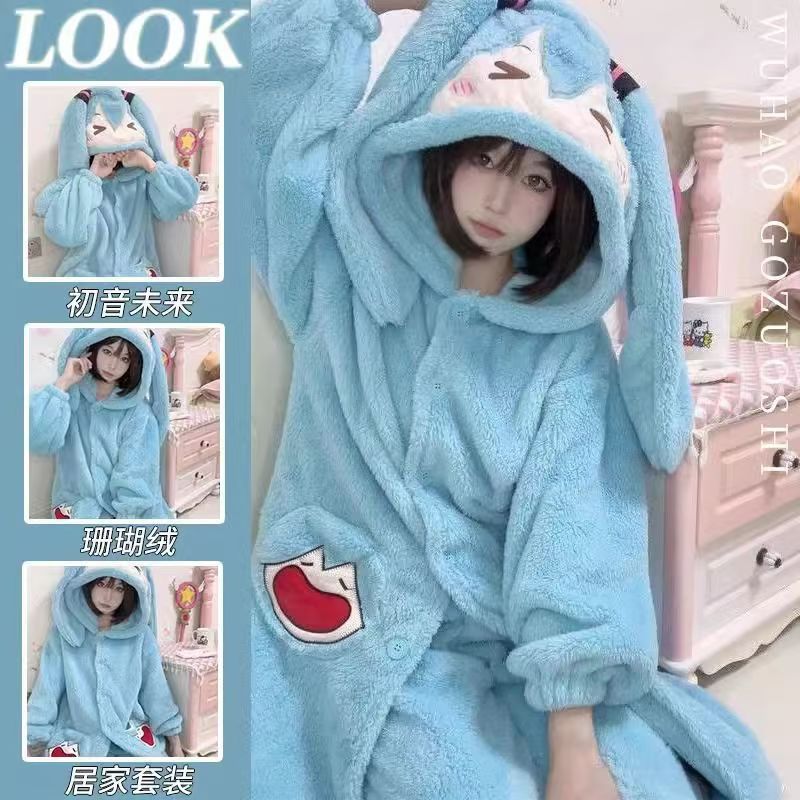 Winter Clothing In Japan - Miku Anime Pyjama's Schattige winterkoraal fluwelen